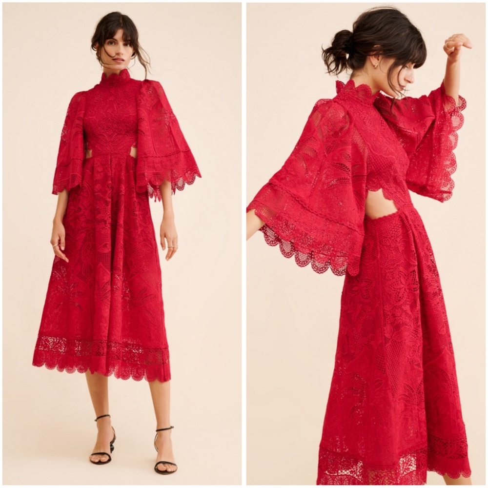 Farm Rio Guipire Cut Out Midi Dark Magenta Lace Dress